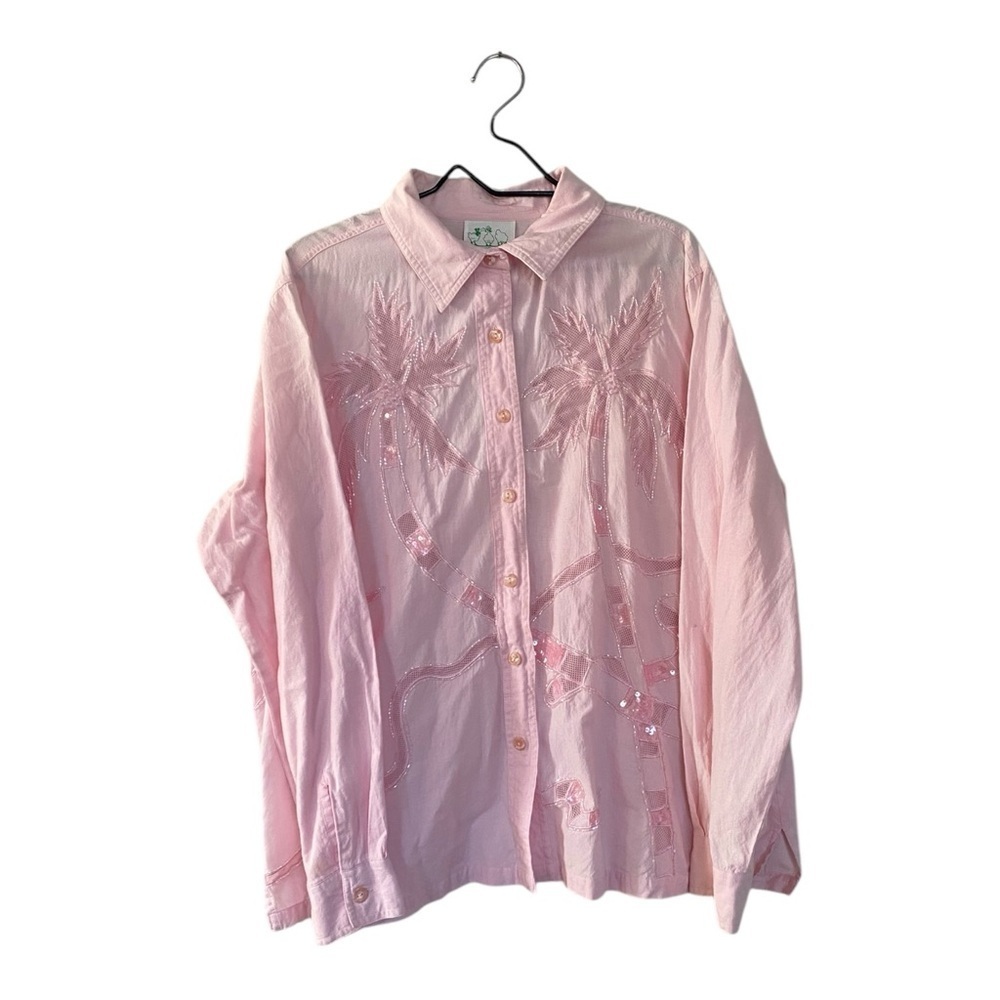 Quacker Factory Pink Palm Tree Sequin Button Up Shirt Women’s Plus Size 1X VTG